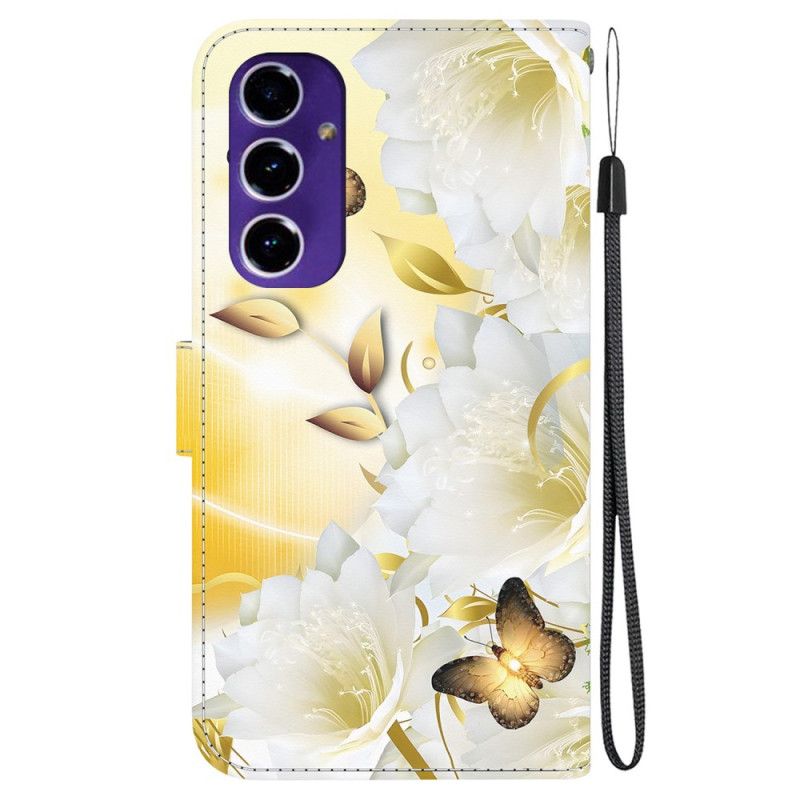 Lærdeksel Folio Deksel Samsung Galaxy S24 Fe Mobildeksel Gylne Sommerfugler Og Hvite Blomster