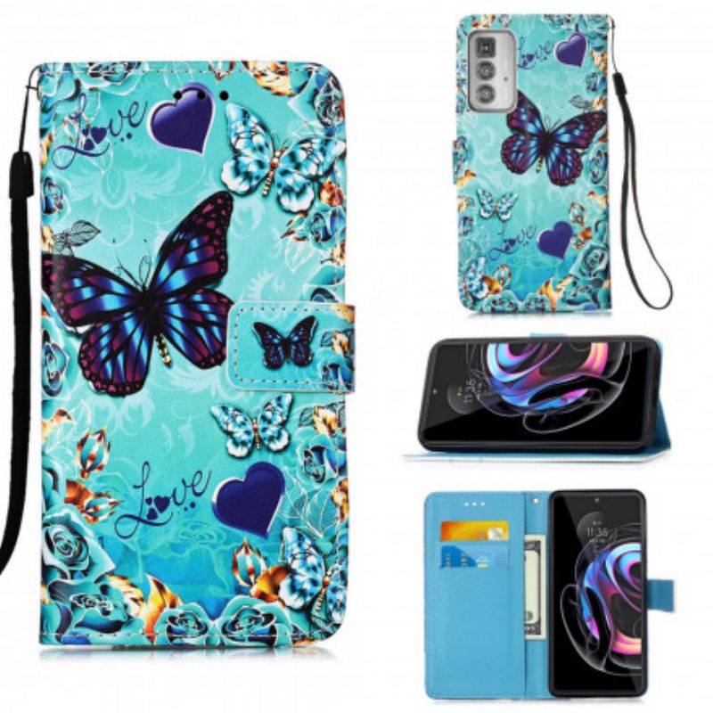 Folio Deksel Motorola Edge 20 Pro Love Butterflies Strappy Beskyttelse Deksel