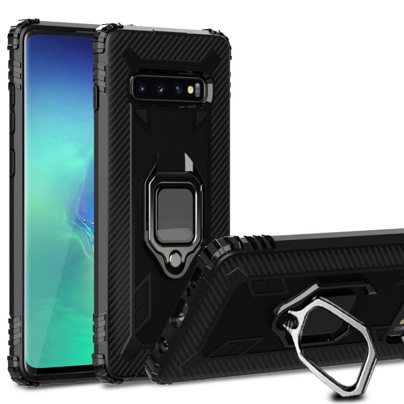 Deksel Samsung Galaxy S10 Plus Svart Ring Og Karbonfiber Anti-fall