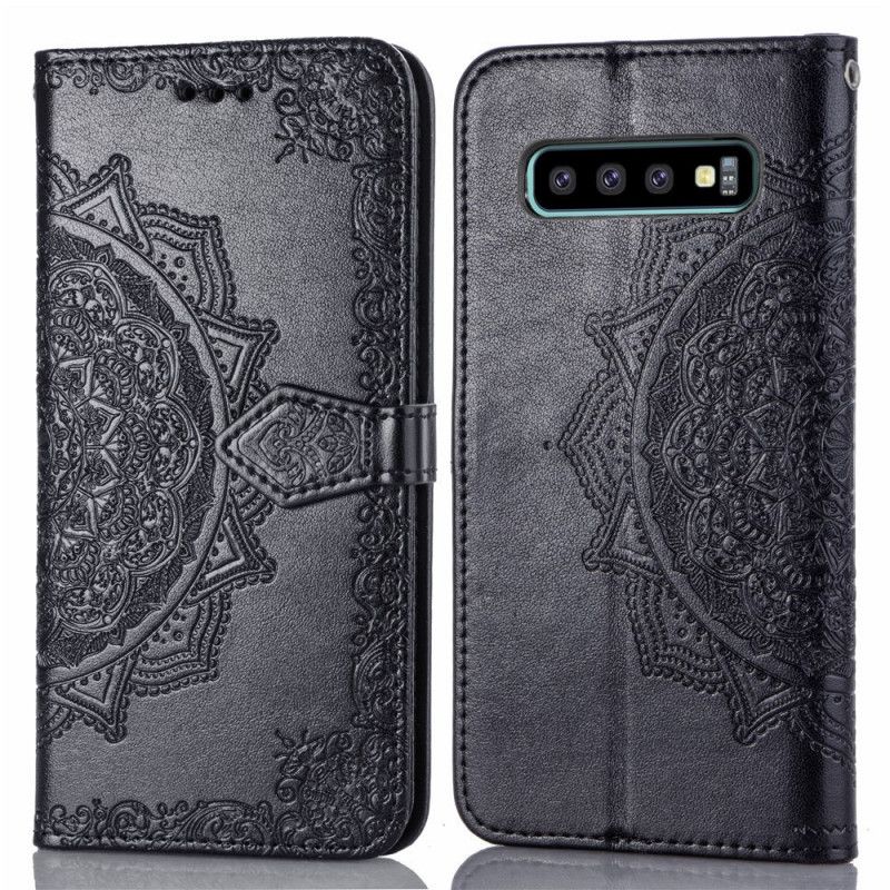 Lærdeksel Folio Deksel Samsung Galaxy S10 Plus Svart Middelaldrende Mandala