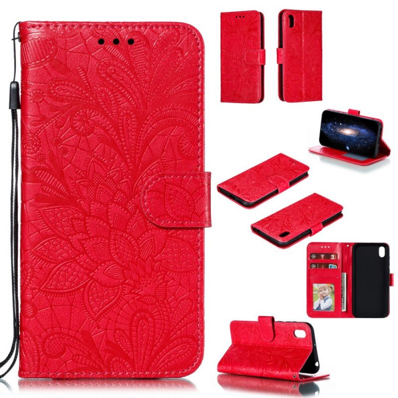 Lærdeksel Folio Deksel Huawei Y5 2019 Lilla Mobildeksel Tribal Thong Blomster