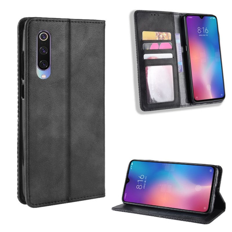 Folio Deksel Xiaomi Mi 9 Lite Svart Stilisert Vintage-Skinneffekt Beskyttelse