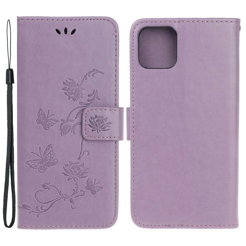 Folio Deksel iPhone 13 Mini Sommerfugler Og Blomster Strappy Beskyttelse Deksel