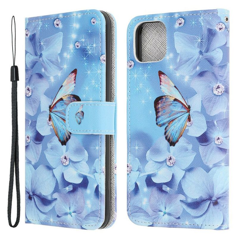 Folio Deksel Til iPhone 13 Mini Diamond Strappy Butterflies