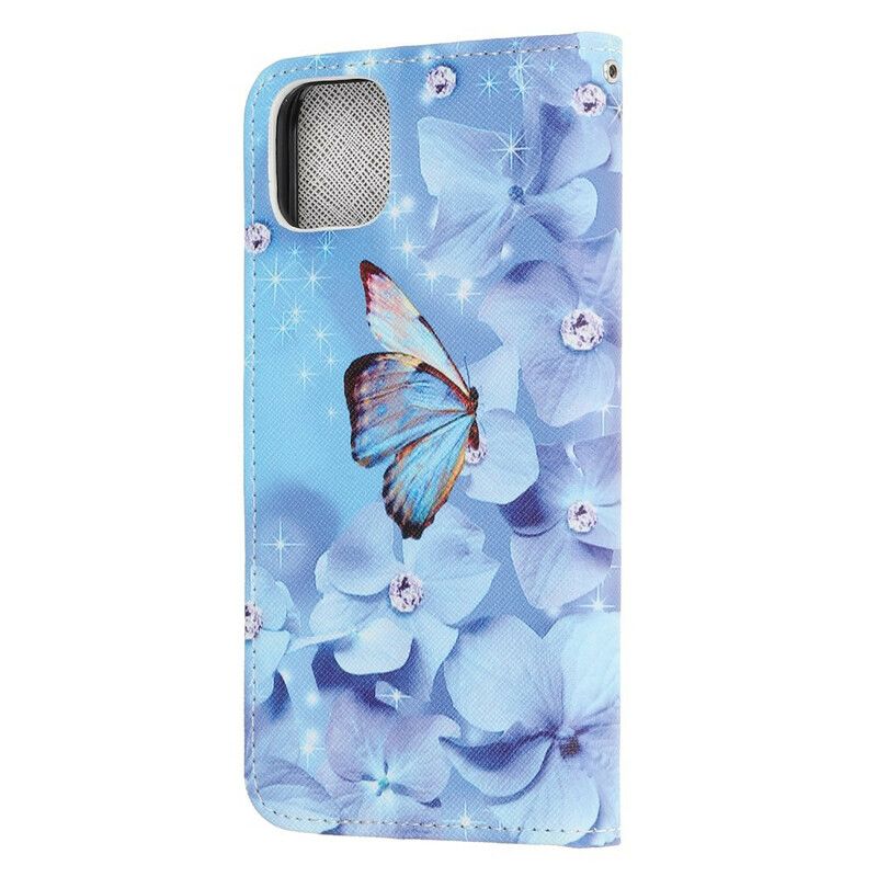 Folio Deksel Til iPhone 13 Mini Diamond Strappy Butterflies