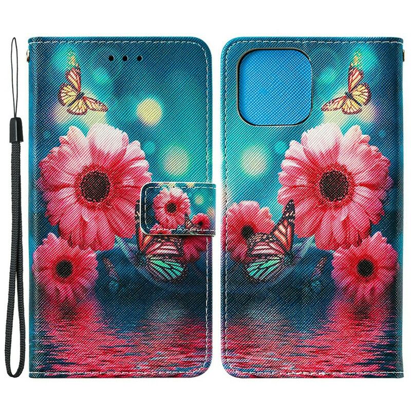 Lærdeksel Folio Deksel iPhone 13 Mini Mobildeksel Blomster Og Sommerfugler