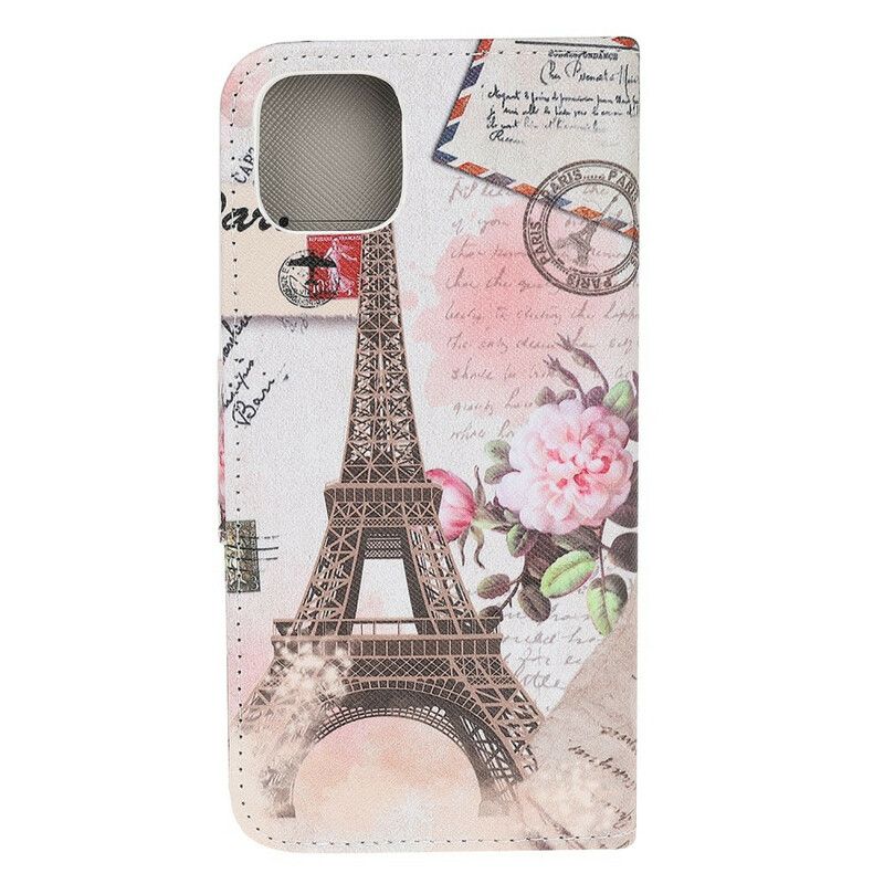 Lærdeksel Folio Deksel iPhone 13 Mini Mobildeksel Retro Eiffeltårnet
