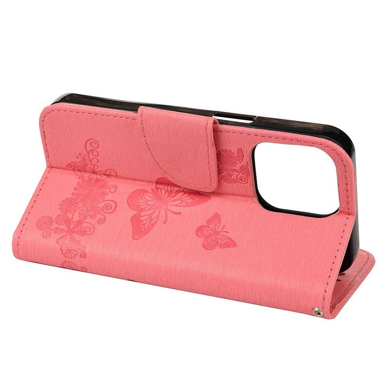 Lærdeksel Folio Deksel iPhone 13 Mini Mobildeksel Splendid Strap Sommerfugler