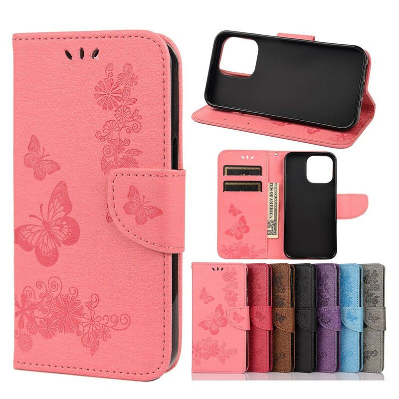 Lærdeksel Folio Deksel iPhone 13 Mini Mobildeksel Splendid Strap Sommerfugler