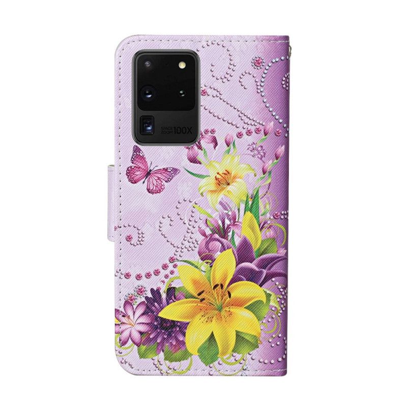 Folio Deksel Samsung Galaxy S20 Ultra Magenta Mesterlige Blomster Med Tanga Anti-fall