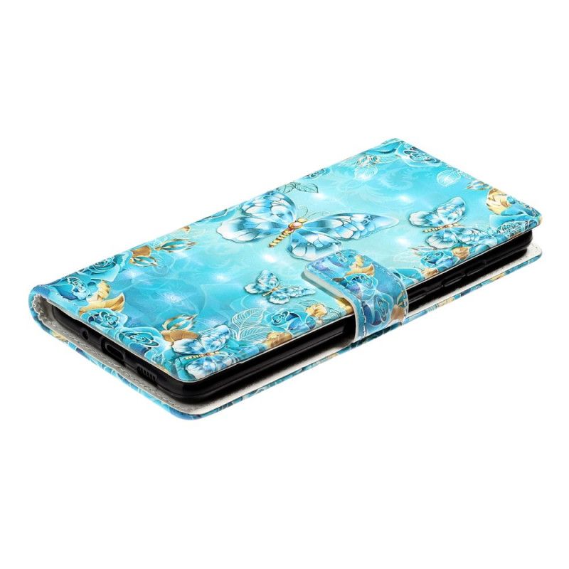 Folio Deksel Samsung Galaxy S20 Ultra Sommerfugler Og Blomster På Blå Bakgrunn Beskyttelse