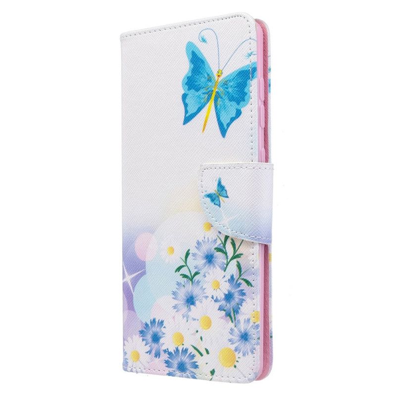 Folio Deksel Samsung Galaxy A71 Magenta Malte Sommerfugler Og Blomster