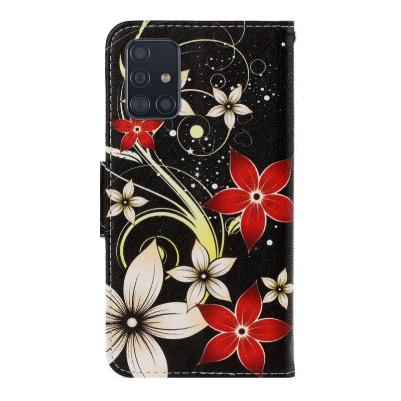 Folio Deksel Samsung Galaxy A71 Svart Fargerike Blomster Med Stropp Beskyttelse