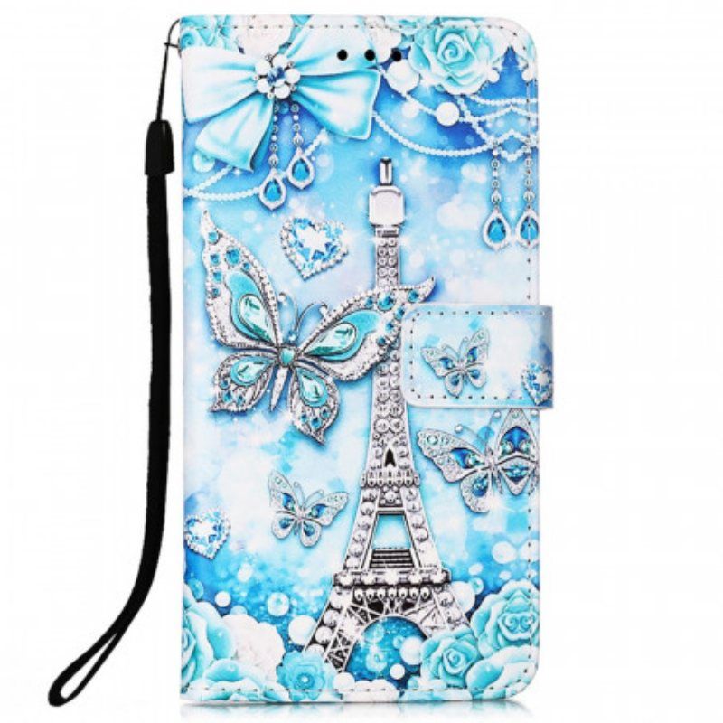 Folio Deksel Til Samsung Galaxy A53 5G Med Kjede Eiffeltårnets Sommerfuglstropp