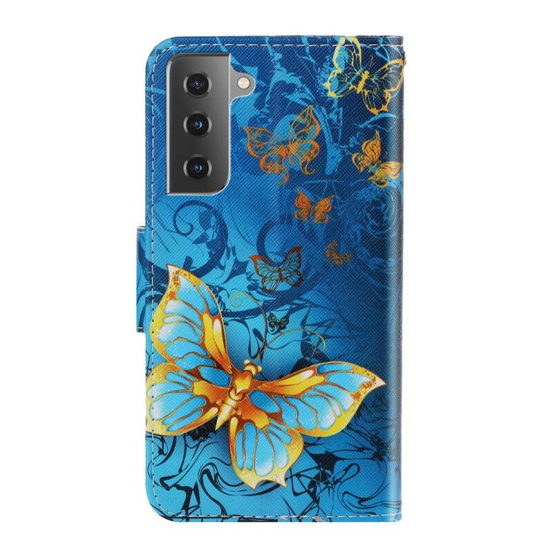 Folio Deksel Samsung Galaxy S21 Fe Butterflies Stroppvariasjoner