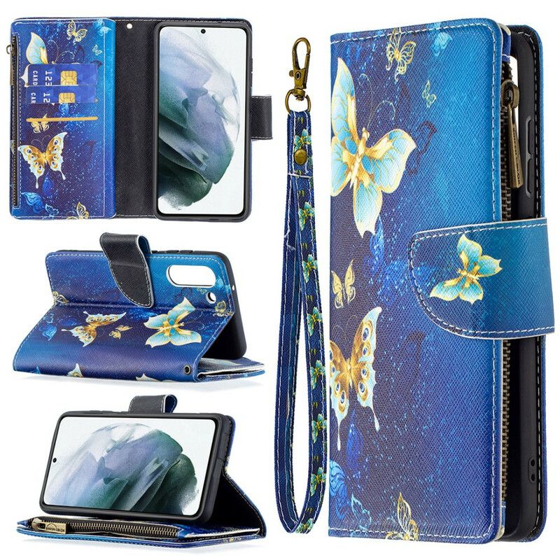 Folio Deksel Samsung Galaxy S21 Fe Butterflies Butterflies Zip-lomme