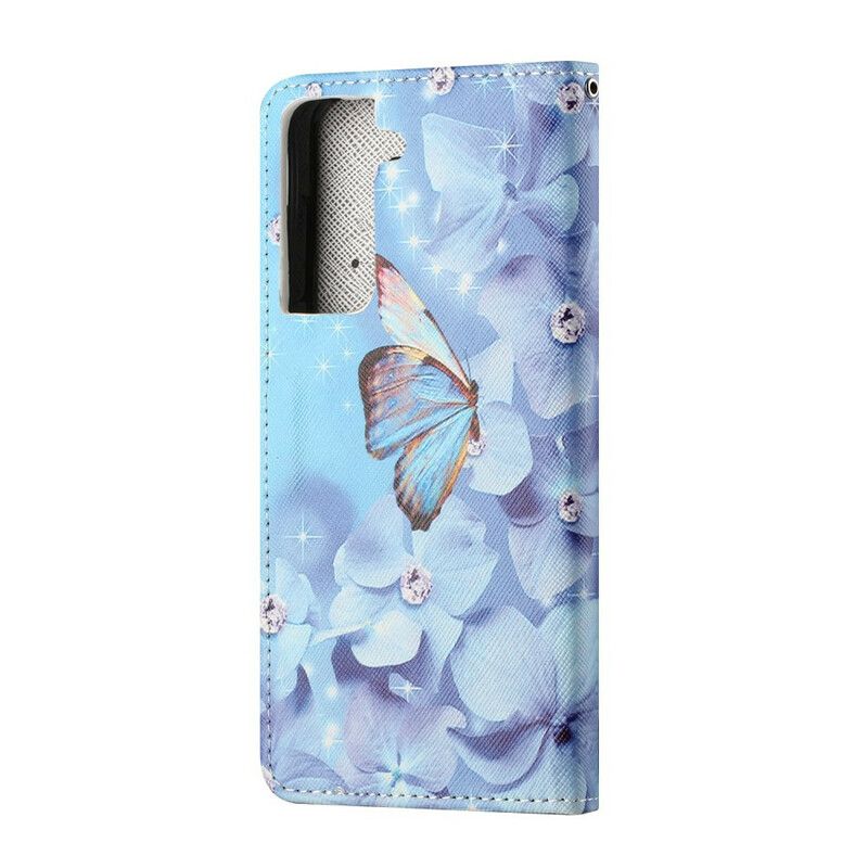 Folio Deksel Samsung Galaxy S21 Fe Diamond Strappy Butterflies