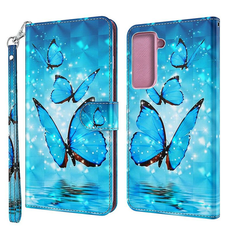 Lærdeksel Folio Deksel Samsung Galaxy S21 Fe Flying Blue Butterflies