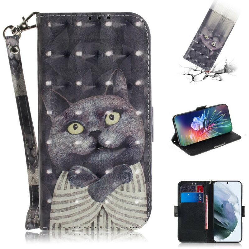 Lærdeksel Folio Deksel Samsung Galaxy S21 Fe Mobildeksel Grey Strappy Cat