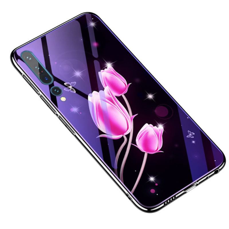 Deksel Xiaomi Mi 10 / 10 Pro Magenta Herdet Glass Og Blomstersilikon