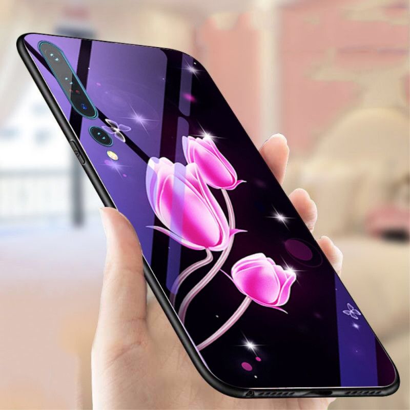 Deksel Xiaomi Mi 10 / 10 Pro Magenta Herdet Glass Og Blomstersilikon