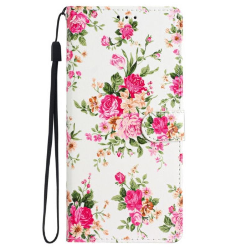 Folio Deksel Samsung Galaxy S24 5g Røde Blomster Med Stropp