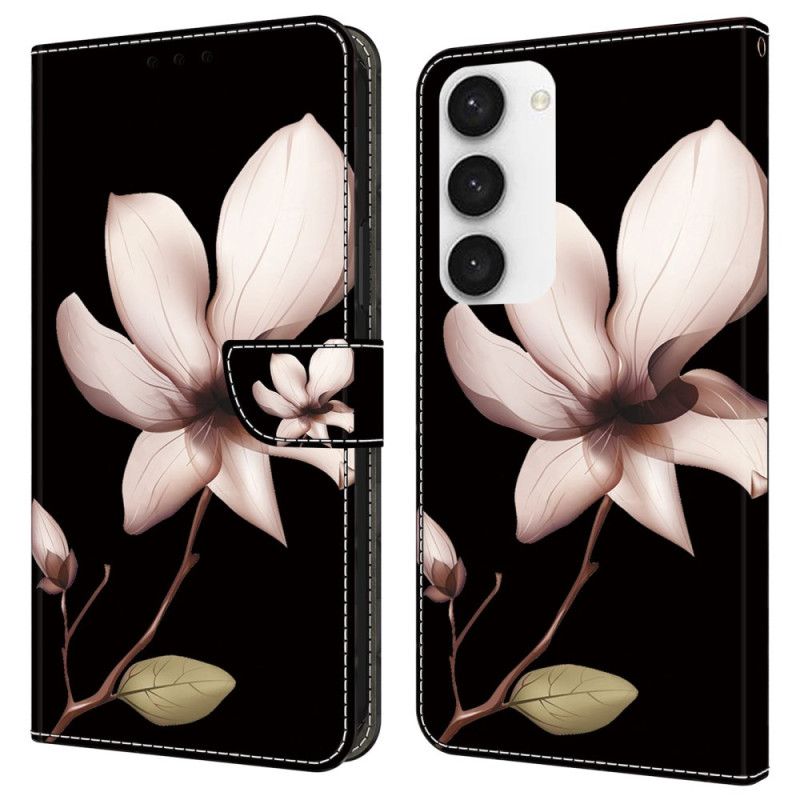 Folio Deksel Samsung Galaxy S24 5g Rosa Blomst På Svart Bakgrunn