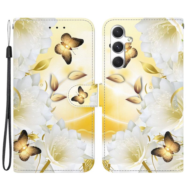 Lærdeksel Folio Deksel Samsung Galaxy S24 5g Gylden Sommerfugl Og Blomster Med Stropp