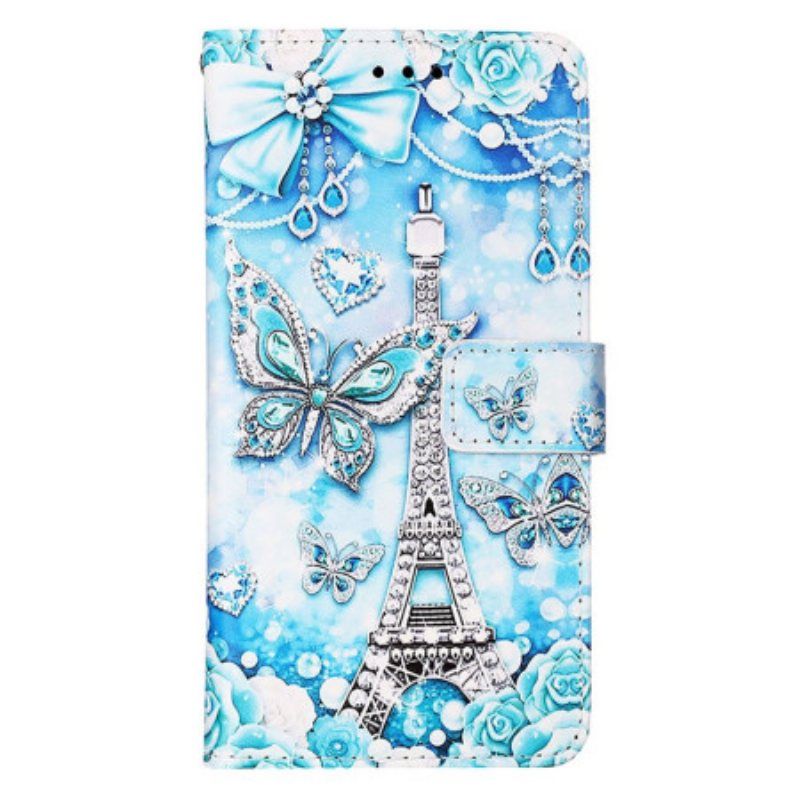 Folio Deksel Til Samsung Galaxy S23 Ultra 5G Med Kjede Eiffeltårnets Sommerfuglstropp