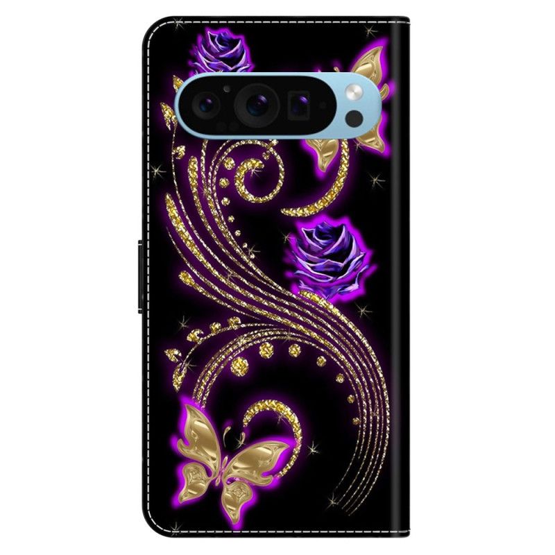 Folio Deksel Google Pixel 9 Pro Fiolette Blomster Og Sommerfugler