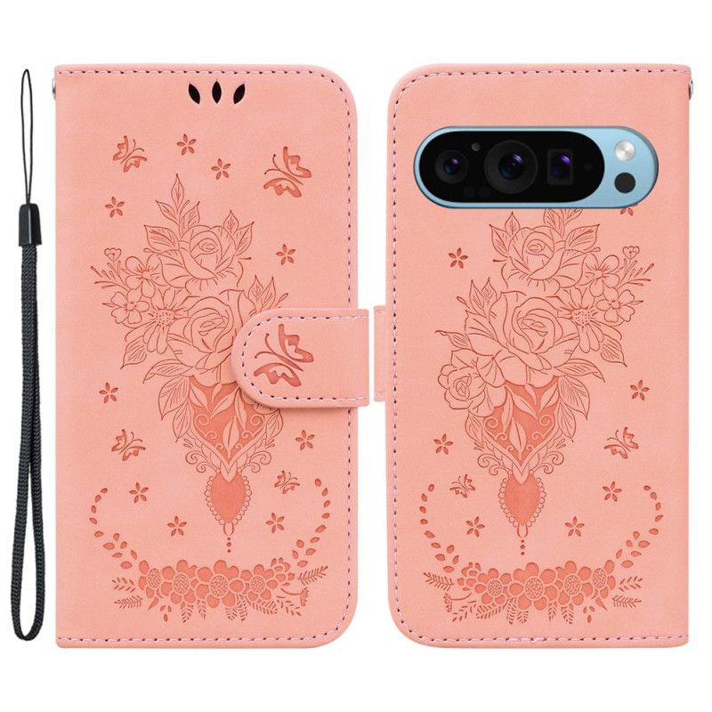 Folio Deksel Google Pixel 9 Pro Floral Semsket Skinneffekt Beskyttelse Deksel