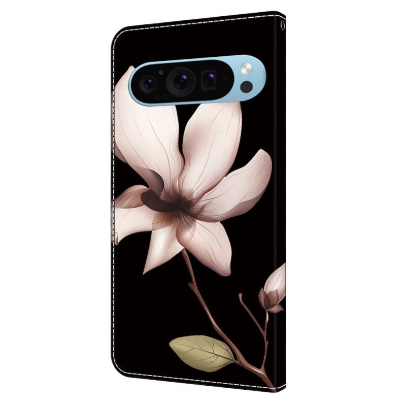 Folio Deksel Til Google Pixel 9 Pro Rosa Blomst På Svart Bakgrunn