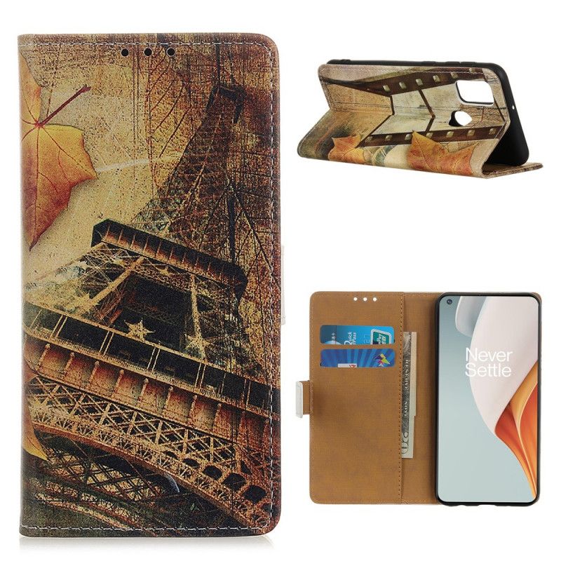 Lærdeksel Folio Deksel OnePlus Nord N100 Mobildeksel Eiffeltårnet Om Høsten
