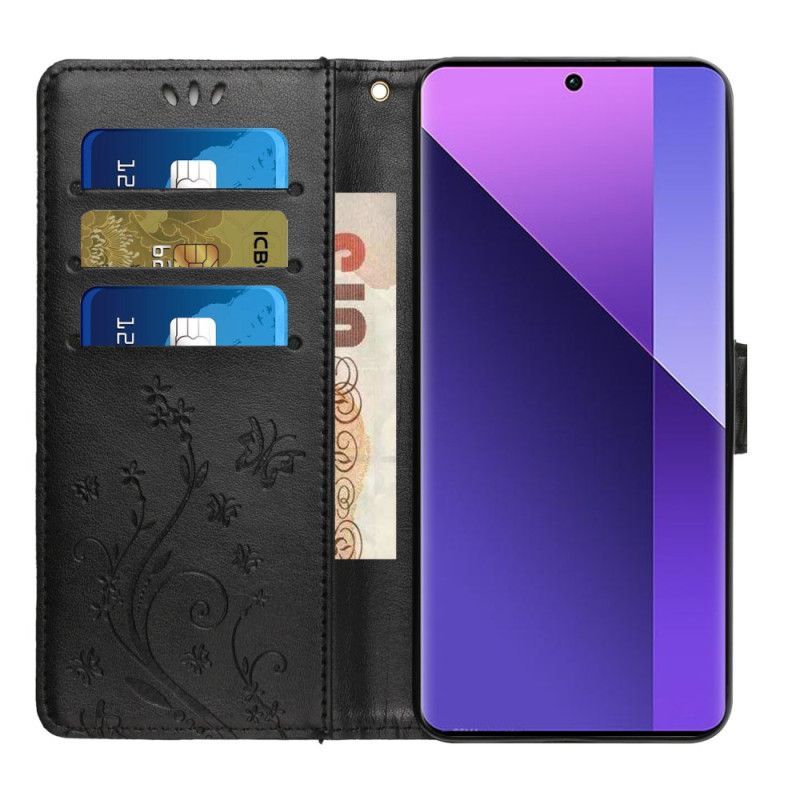 Folio Deksel Xiaomi Redmi Note 13 Pro Plus 5g Blomster Og Sommerfugler Med Snor