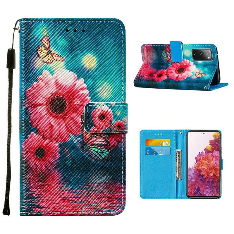 Lærdeksel Folio Deksel Samsung Galaxy S20 FE Mobildeksel Blomster Og Sommerfugler