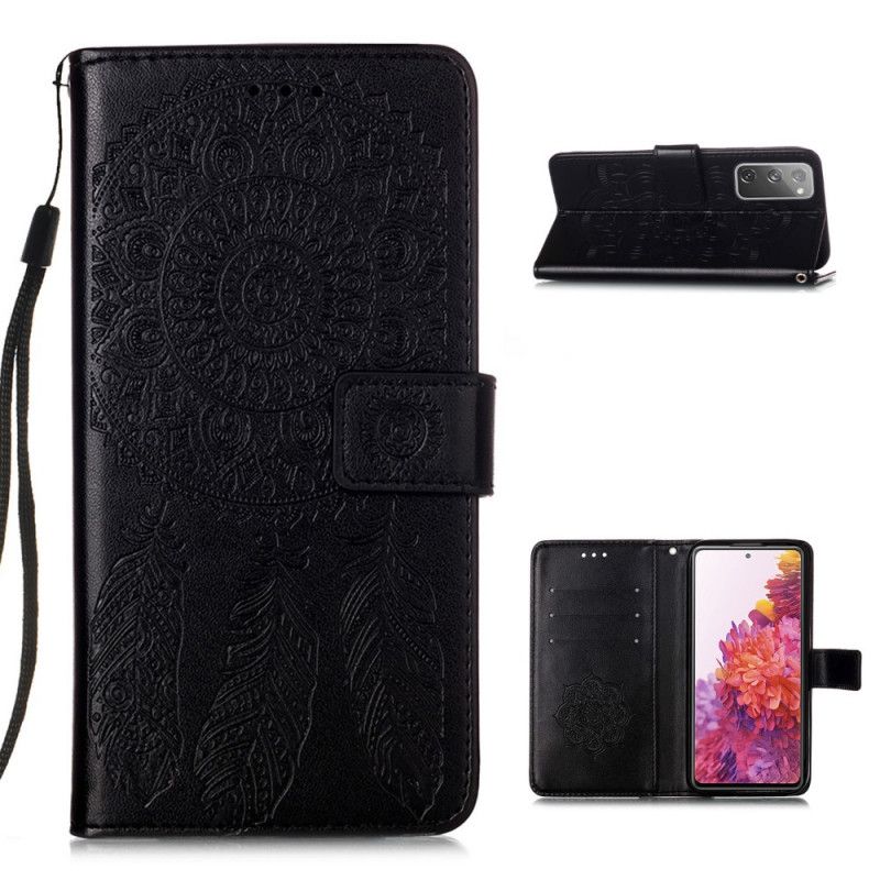 Lærdeksel Folio Deksel Samsung Galaxy S20 FE Svart Dreamcatcher-Trykk Og Stropp