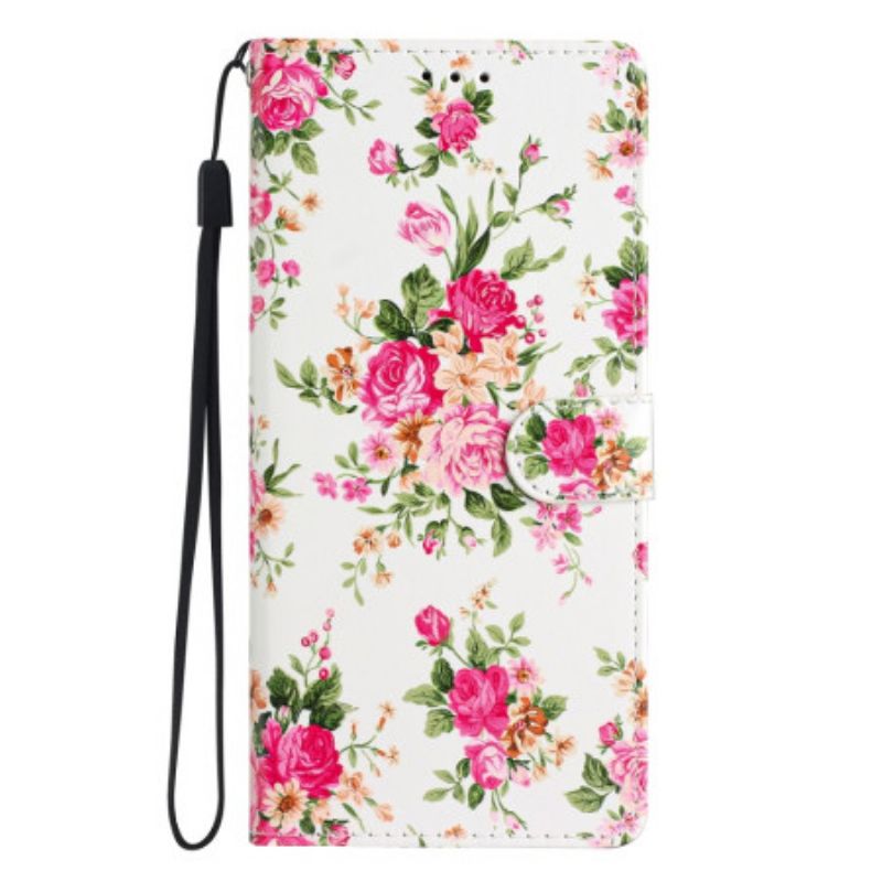 Folio Deksel Oppo A98 5g Røde Blomster Med Stropp Beskyttelse Deksel