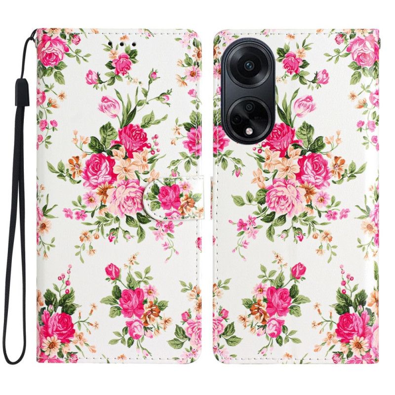 Folio Deksel Oppo A98 5g Røde Blomster Med Stropp Beskyttelse Deksel