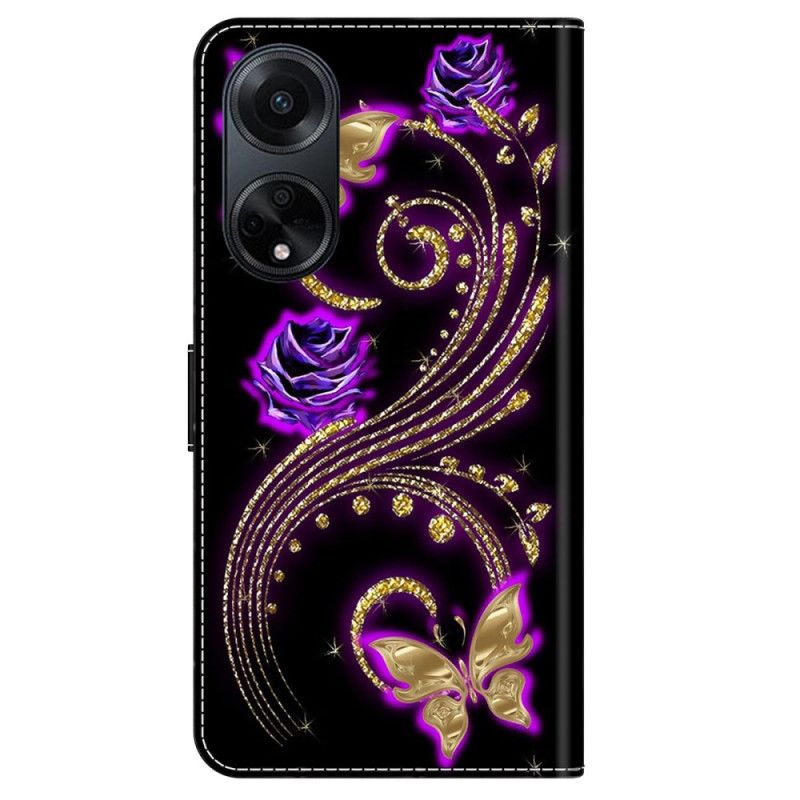 Folio Deksel Til Oppo A98 5g Fiolette Blomster Og Sommerfugler