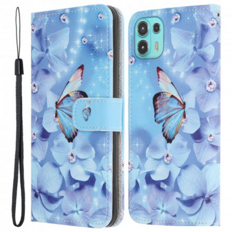 Folio Deksel Motorola Edge 20 Lite Diamond Strappy Butterflies Beskyttelse Deksel