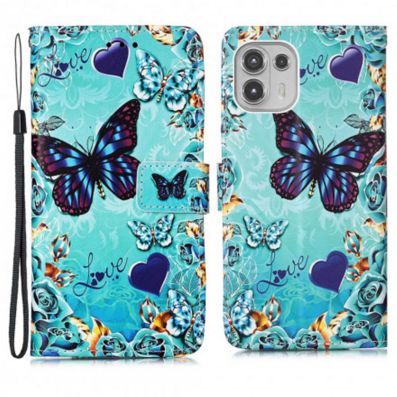 Lærdeksel Folio Deksel Motorola Edge 20 Lite Mobildeksel Love Butterflies Strappy