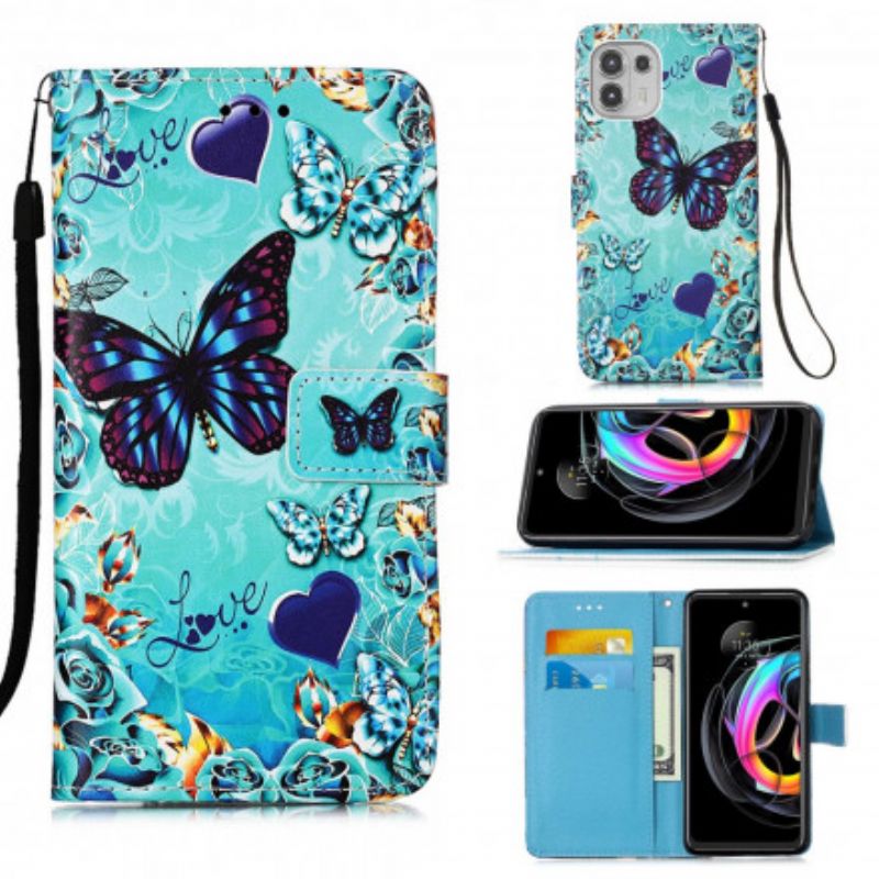 Lærdeksel Folio Deksel Motorola Edge 20 Lite Mobildeksel Love Butterflies Strappy