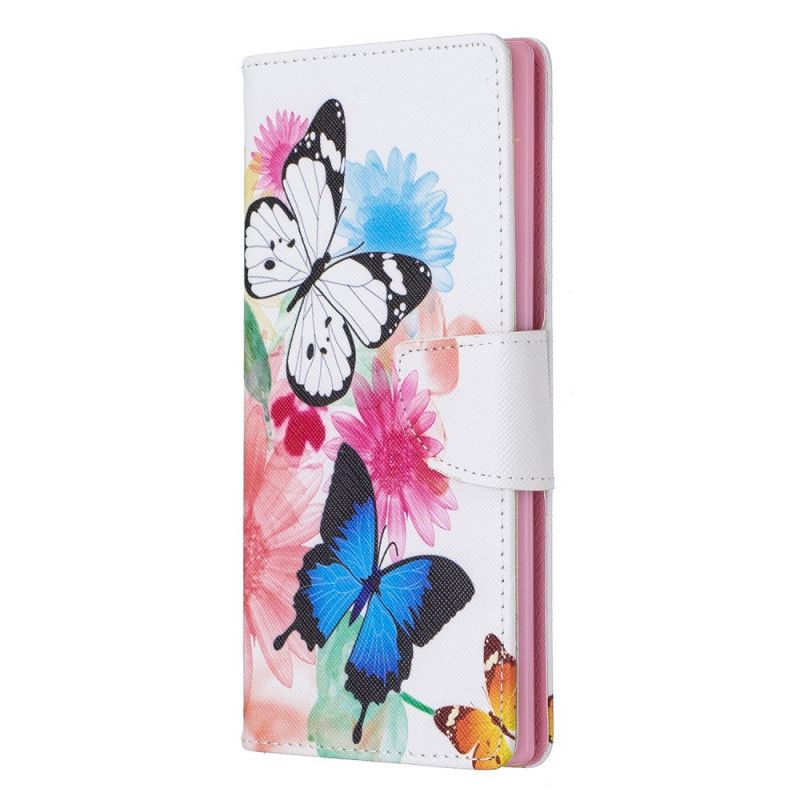 Folio Deksel for Samsung Galaxy Note 10 Plus Lyseblå Malte Sommerfugler Og Blomster