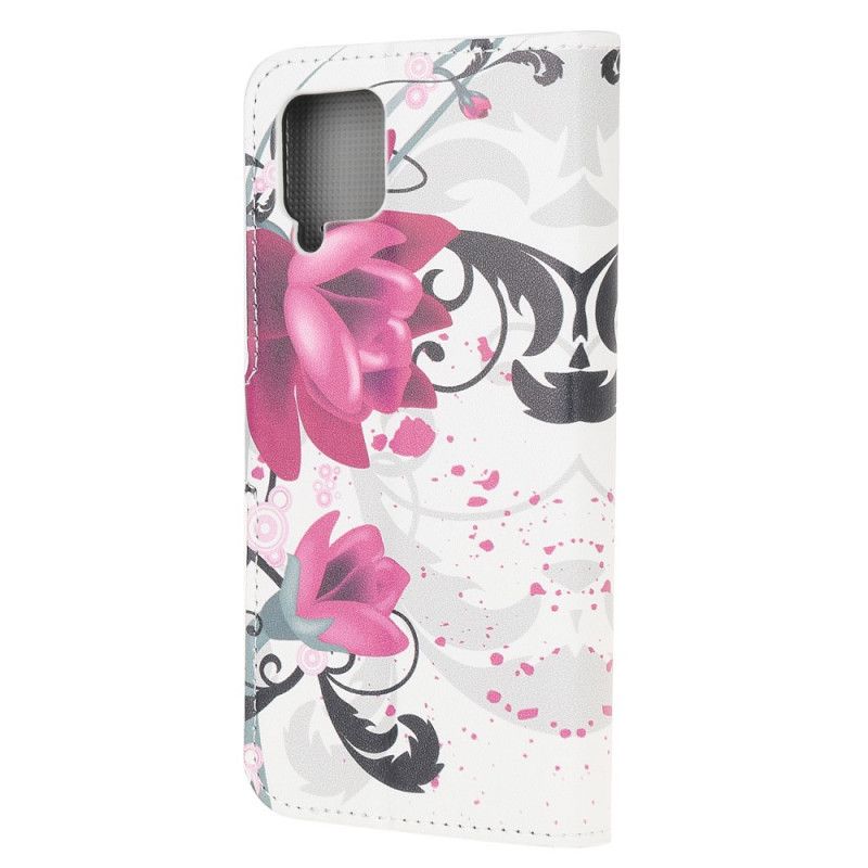 Folio Deksel for Samsung Galaxy A12 Magenta Tropiske Blomster