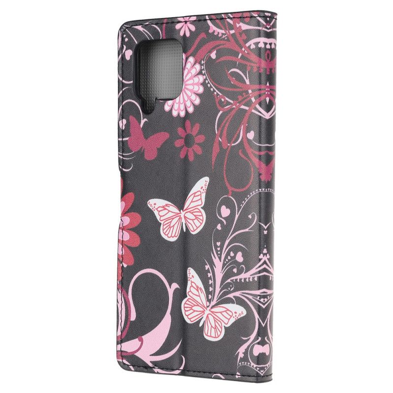 Lærdeksel Folio Deksel Samsung Galaxy A12 Svart Sommerfugler Og Blomster