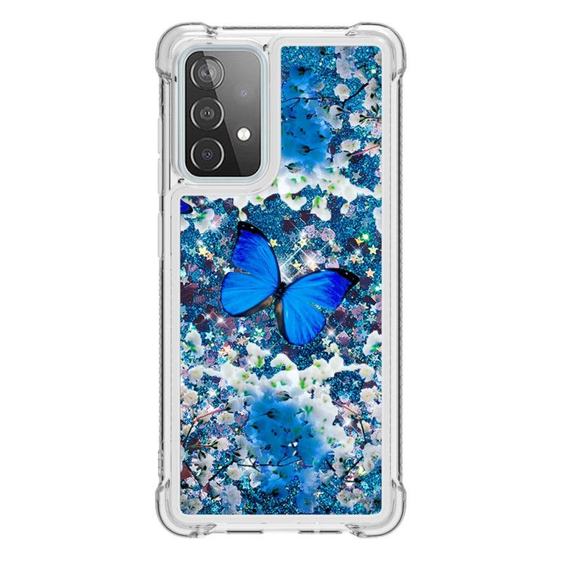 Deksel Samsung Galaxy A52 4G / A52 5G Blå Glitter Sommerfugler Anti-fall