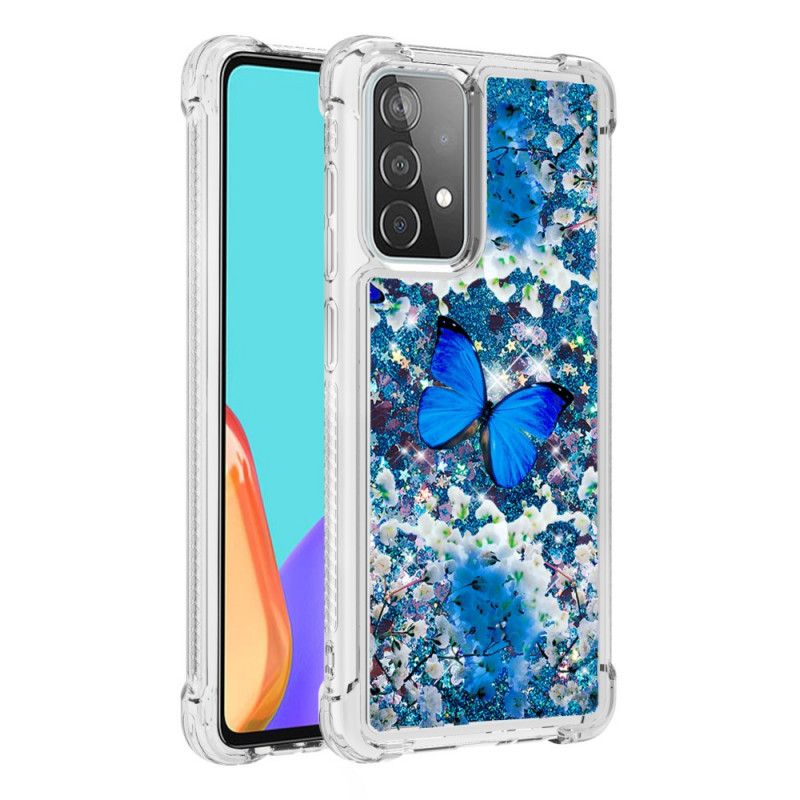 Deksel Samsung Galaxy A52 4G / A52 5G Blå Glitter Sommerfugler Anti-fall