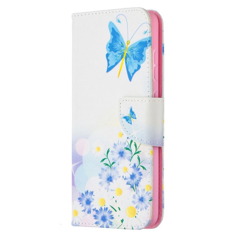 Folio Deksel for Samsung Galaxy A52 4G / A52 5G Magenta Malte Sommerfugler Og Blomster