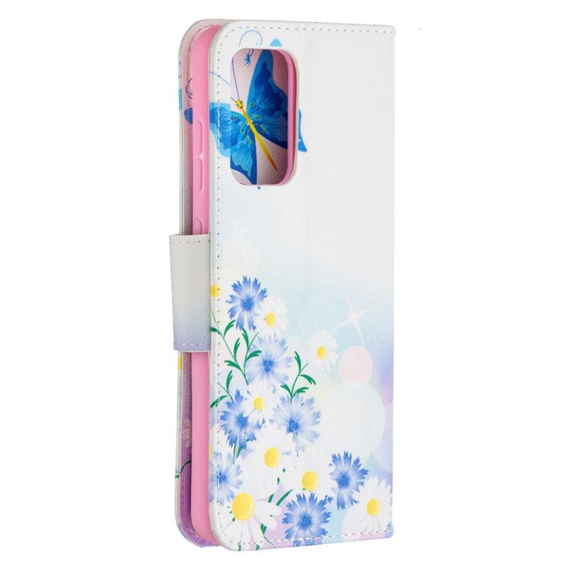 Folio Deksel for Samsung Galaxy A52 4G / A52 5G Magenta Malte Sommerfugler Og Blomster