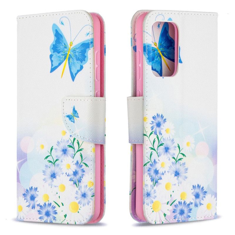 Folio Deksel for Samsung Galaxy A52 4G / A52 5G Magenta Malte Sommerfugler Og Blomster